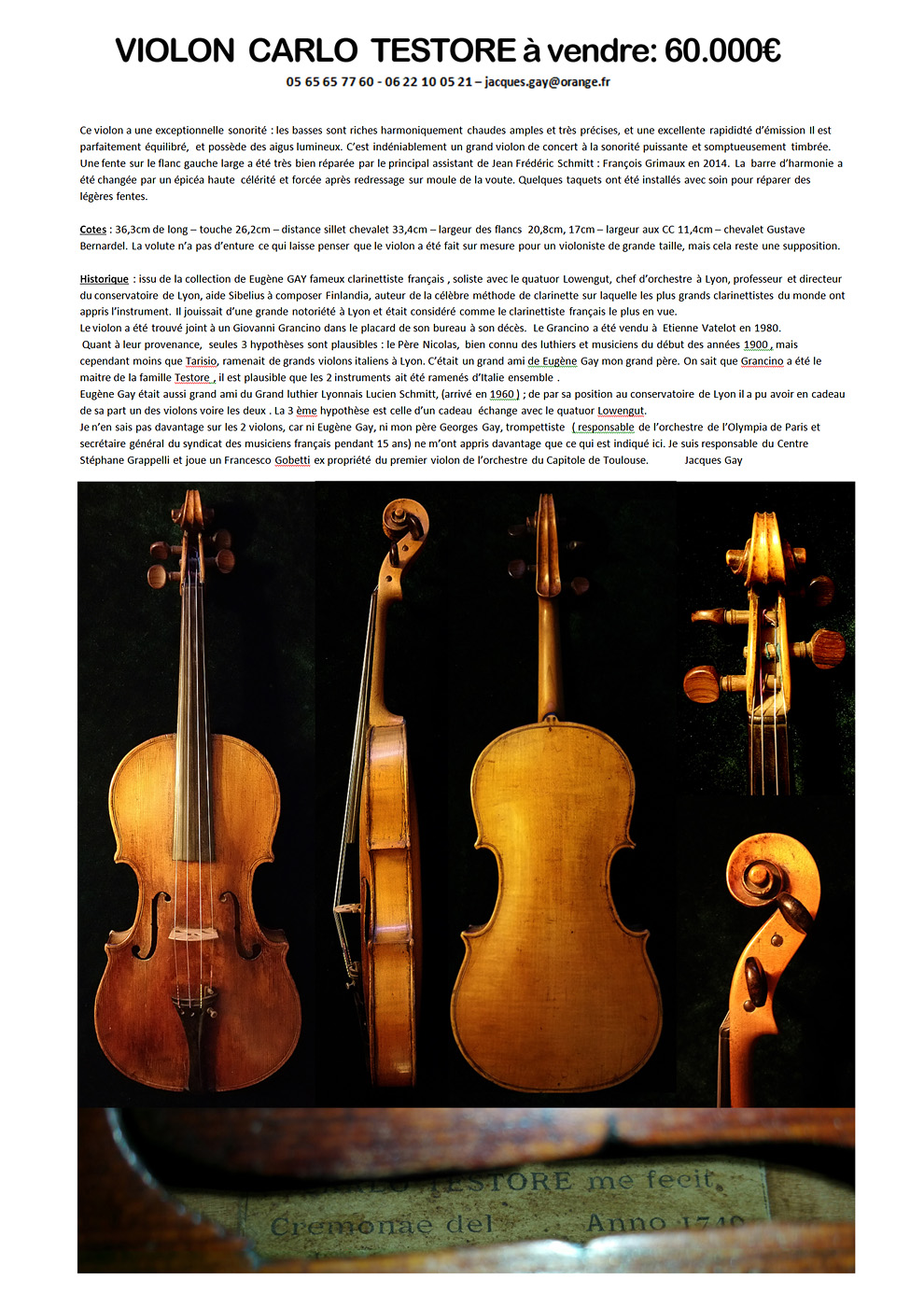 Vente violon TESTORE 1740  12 janvier 2019