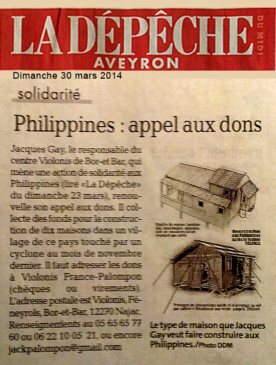 La depeche appel aux dons 30 mars 2014 France Palompon